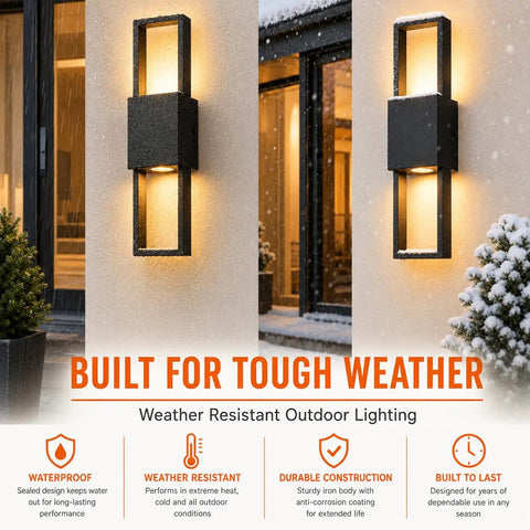 Modern Outdoor Wall Sconce 2 Pack, Up Down LED Light, 3000K, Hardwired, mounted in snowy weather on exterior wall.