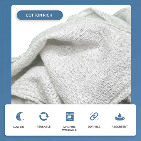 Close-up of Premium Cotton Shop Towels 250 Count Box 14x14 Lint Free Cleaning Rags, white texture, absorbent and durable.