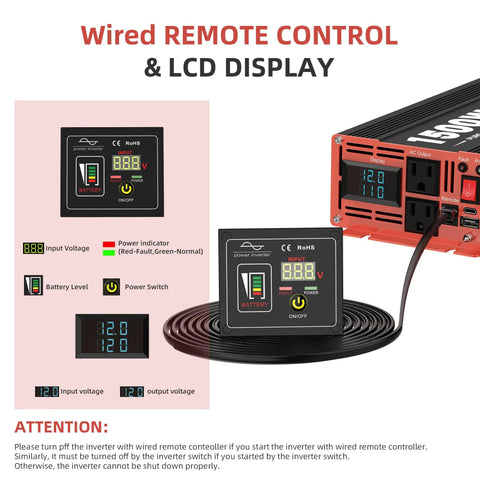 No Sweat Heavy Duty 1500 Watt Pure Sine Wave Power Inverter DC 12V To 120V AC remote control and LCD display setup.