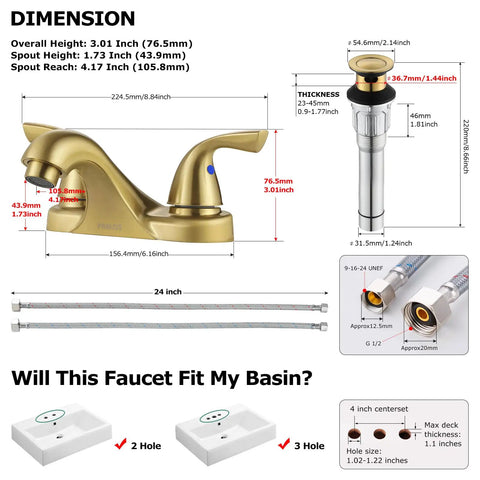 Two-Handle Bathroom Sink Faucet in Brushed Gold with Metal Push and Seal Pop-Up Drain diagram and dimensions chart