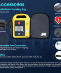 Front view of a yellow home AED defibrillator with a black travel bag and open case