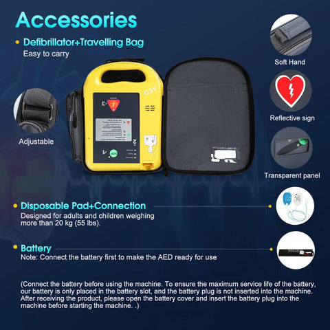 Front view of a yellow home AED defibrillator with a black travel bag and open case