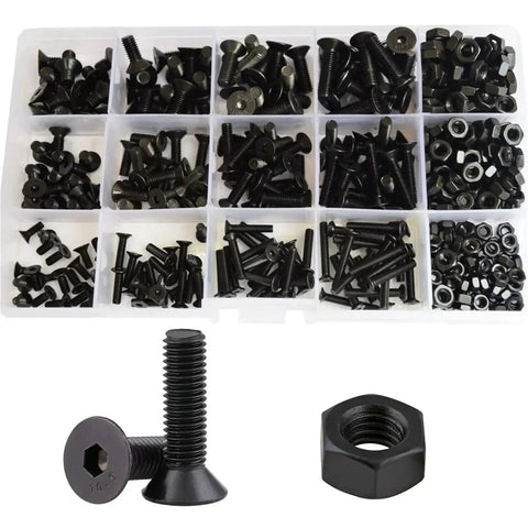 Flat Head Hex Bolt Nut Set Kit M2 Through M6 Black Grade 10.9 Steel Countersunk Socket Screws For DIY Metalworking Projects And Your Go-To Heavy Duty Fastening For Automotive And Home Projects And Quick Install Applications, assorted black bolts and nuts in organizer