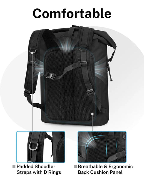 Ultralight Waterproof TPU Backpack 35L Roll Top Dry Bag with padded shoulder straps and back panel, black, rear view.