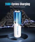 Badass 1.5v Lithium Aa Batteries 16 Pack Hella Long Lasting 3600mWh Rechargeable Cells on a dark background.