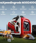 2400 Watt Portable Inverter Generator With Smart App Control Ultra Quiet Engine And Reliable Clean Power Ready To Roll For Campground Days And Home Power Backup against a scenic backdrop with users camping.