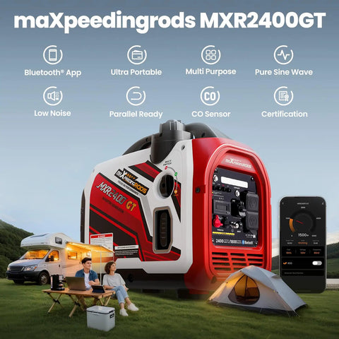 2400 Watt Portable Inverter Generator With Smart App Control Ultra Quiet Engine And Reliable Clean Power Ready To Roll For Campground Days And Home Power Backup against a scenic backdrop with users camping.