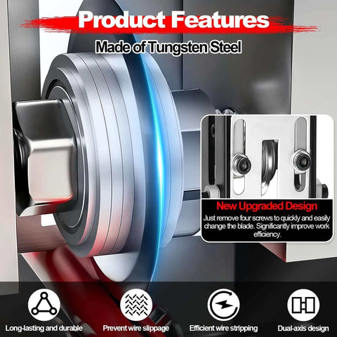Close-up of wire stripping machine blade, tungsten steel, dual-axis design, Manual Wire Stripping Machine For Scrap Copper And DIY Projects.