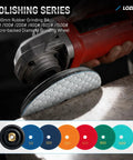 Close-up of 17 Piece Wet Dry Diamond Hole Saw Kit polishing pad on angle grinder, for porcelain marble concrete tile drilling.