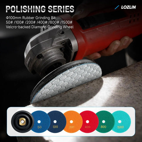 Close-up of 17 Piece Wet Dry Diamond Hole Saw Kit polishing pad on angle grinder, for porcelain marble concrete tile drilling.