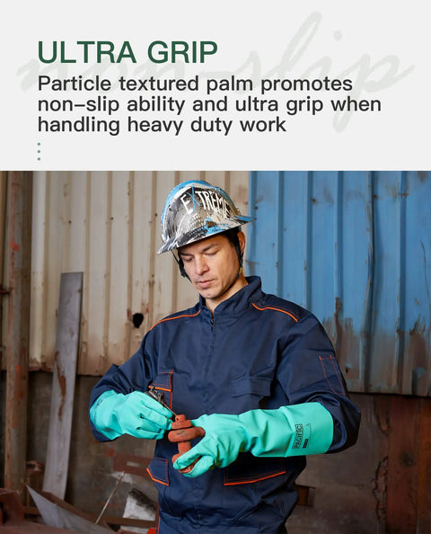Man wearing Badass 15 Mil Nitrile Chemical Resistant Gloves With Rock Solid Acid Alkali Solvent Shield for heavy duty work.