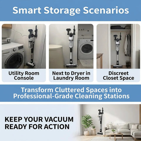 Wall Mount Docking Station For LVAC 200 Cordless Vacuum shown in various home storage scenarios.