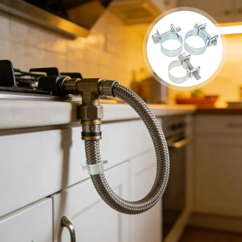 Heavy Duty 30 Pcs Stainless Steel Fuel Injection Hose Clamps Kit With Heat And Corrosion Protection, Perfect For Oil Water Line Pipe Repair On The Go Without Breaking A Sweat. stainless steel clamp on braided hose in kitchen