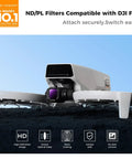 Hybrid ND And PL Drone Filter Kit on DJI Flip Camera showing attached polarizing filter with smooth HD optical glass.