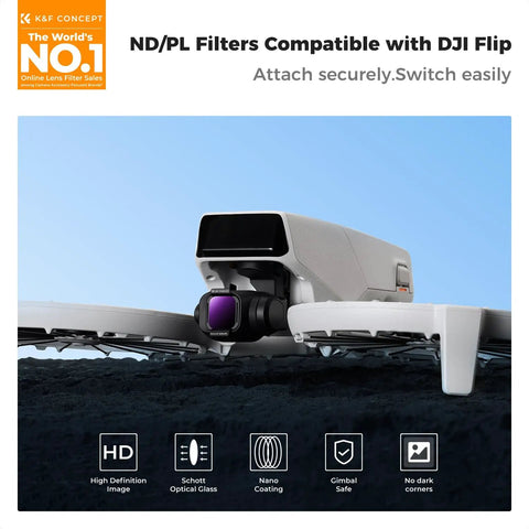 Hybrid ND And PL Drone Filter Kit on DJI Flip Camera showing attached polarizing filter with smooth HD optical glass.