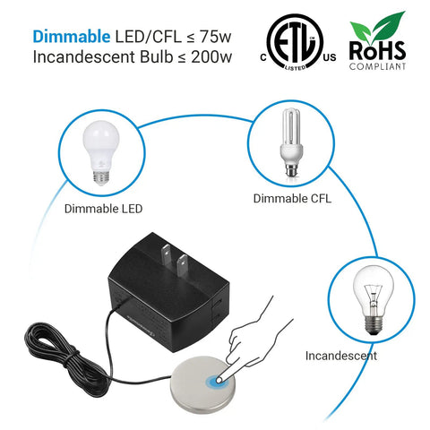 Touch Dimmer Switch With 3 Level Dimming, Easy Tap Pad Control For Dimmable LED CFL And Incandescent Bulbs, Inline Dimmer With 8 Ft Extension Cord, Anti Slip Pad, ETL Listed, Black