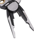 Close-up of Badafaci 8 In 1 Wire Stripper Voltage Tester Multifunctional Crimping Cutting Pliers with steel jaws.