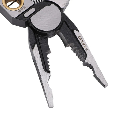 Close-up of Badafaci 8 In 1 Wire Stripper Voltage Tester Multifunctional Crimping Cutting Pliers with steel jaws.