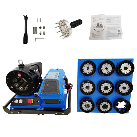 Beat The Clock With This Heavy Duty Portable Hydraulic Hose Crimper Tackling 0.39 To 2.4 Inch Rubber Lines Using Eight Swappable Dies And Pure 12V Shop Power, includes crimper and dies.
