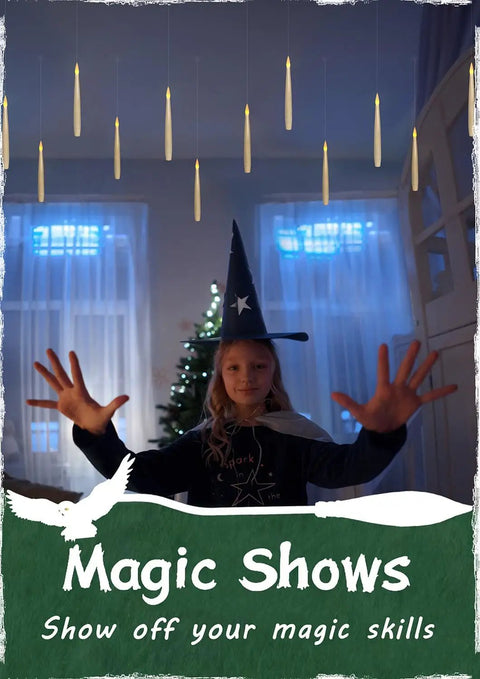Child under Six Pack Flameless Floating Candles With Magic Wand Remote For Halloween And Christmas Decor, performing magic.