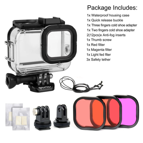 Waterproof Dive Housing With Color Correcting Filters For Dope Underwater Photography, No Lens Removal Needed, Red, Light Red, And Magenta Filters, Fits Hero 9 Through 13 Black Cameras, Submerge Up To 147 Feet package contents.