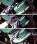 Camoo engine barring flywheel tool kit for Volvo/Mack; three-panel view showing removal, install, ratchet