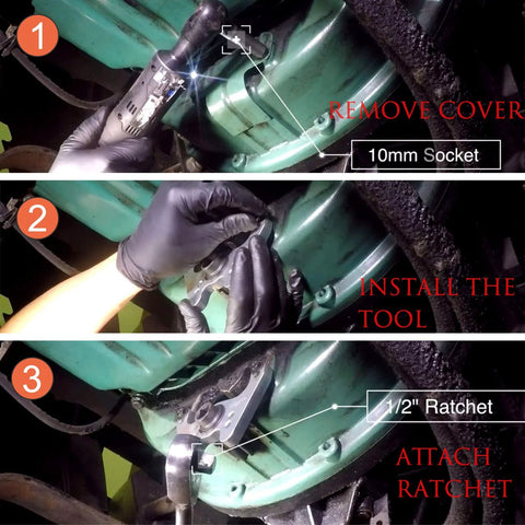 Camoo engine barring flywheel tool kit for Volvo/Mack; three-panel view showing removal, install, ratchet