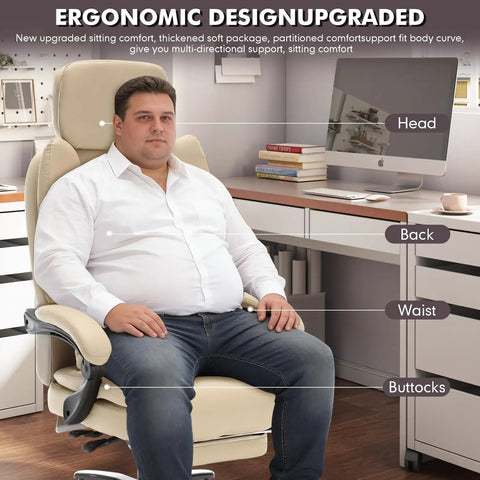 Man sitting on 500lbs Capacity Big And Tall Office Chair With Lumbar Support PU Leather Heavy Duty Reclining Chair in beige