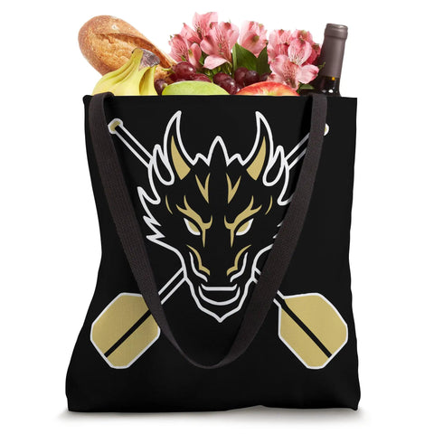 Black tote bag with dragon and paddle design, loaded with groceries. Paddler Style Dragon Boat Racing Tote Bag For Dragonboating Fans And Crews.