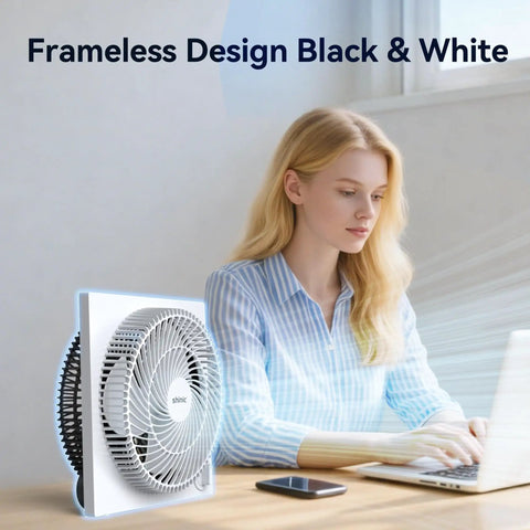 9 Inch Frameless Box Fan With 3 Speed Settings, Lightweight ABS Housing, ETL Listed on desk near woman at laptop
