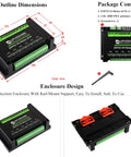 Outline dimensions and package content of Beefed-Up 6 Channel ESP32 S3 WiFi Relay Module for AIoT projects.