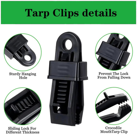 Heavy Duty Tarp Clips With Lock Grip 30 Pack, showing sturdy hanging hole, sliding lock, and crocodile mouth clamp design