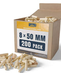 Box of Fluted Wooden Dowel Pins 8mm By 50mm And Five Sixteenth Inch Dowel Rods 200 Pack Birch Hardwood Kiln Dried For Strong Cabinet Joints