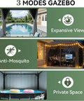 Heavy Duty Outdoor Gazebo for Patio 10x12 with Double Roofs and Metal Frame Mosquito Netting and Privacy Screen features three modes.