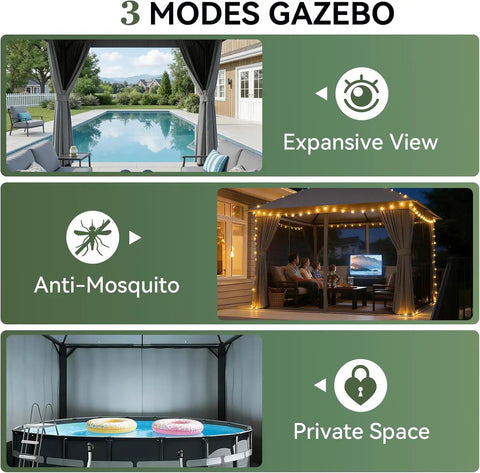 Heavy Duty Outdoor Gazebo for Patio 10x12 with Double Roofs and Metal Frame Mosquito Netting and Privacy Screen features three modes.