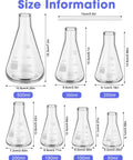 Nine Piece Glass Erlenmeyer Flask Set With Stirring Rods, 7 Sizes From 50ml To 500ml, size information with dimensions visible
