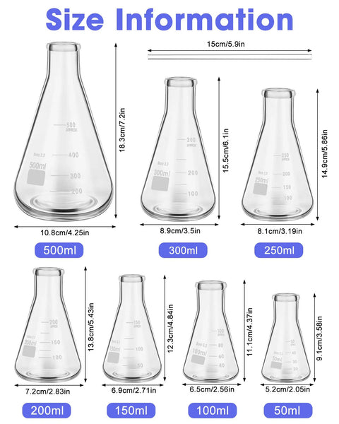 Nine Piece Glass Erlenmeyer Flask Set With Stirring Rods, 7 Sizes From 50ml To 500ml, size information with dimensions visible