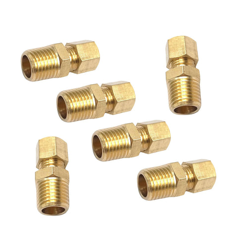Six brass 1/4 in NPT male to 1/4 in tube OD compression fittings.
