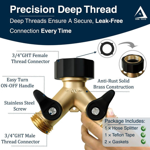 Heavy Duty 2 Way Hose Splitter Premium Brass Y Adapter With Double Shut Off Valve Rust Resistant Finish For Outdoor Faucet Spigot Bib Tap Garden Hose Connector, 3/4" GHT