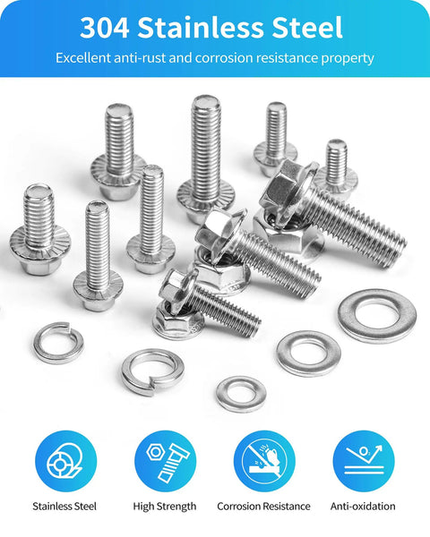 Beefed Up 300 Piece Metric Flange Bolt Kit With M6 M8 M10 Flange Hex Bolts And Nuts And Washers, 304 Stainless Steel Serrated Flange Bolts And Nuts, 12mm To 30mm Length, Silver displayed