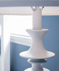Close-up of Claiborne Floor Lamp With Gloss White Finish For A Clean Modern Vibe In Living Rooms, showcasing Nordic inspired detail.
