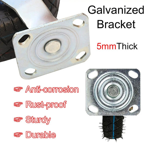 Smooth Rollin Industrial Pneumatic Caster Wheels With Locking Swivel Brakes And High Elastic Rubber Tires Built Tough For Heavy Duty Hand Trucks And Shop Gear 2 Pack galvanized bracket and black rubber tire close-up.