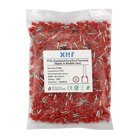 1000 Piece Wire Ferrules Pack, AWG 18 Insulated Copper Crimp Connectors and Red Terminal Pins, 1.0mm2, in plastic bag