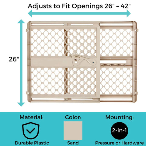 Top Shelf Adjustable Baby Gate For Kids And Toddlers Heavy Duty Plastic Child Safety Barrier with 26 inch height in sand color.