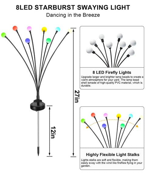 8 Pack Multicolor Solar Firefly Lights With 64 LEDs Waterproof Outdoor Garden Decor With Flexible Swaying Branches