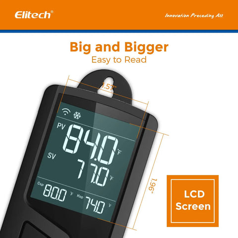 Close-up of STC1000 Temperature And Humidity Controller's large LCD screen showing temperature and humidity readings.