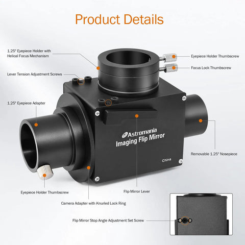 1.25 Inch Flip Mirror For Telescope With Eyepiece Adapter And Camera Attachment for precise focusing and centering in astrophotography