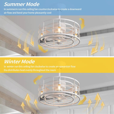 Enclosed Ceiling Fan With Lights Remote Control Kid Friendly Caged Design shows summer and winter modes in a 20-inch white indoor fan
