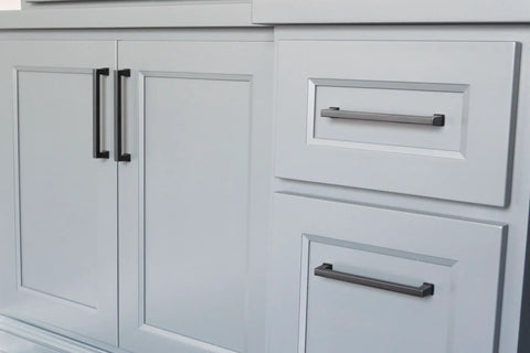 10 Pack Matte Black Door And Drawer Pulls, Four Inch Center To Center Cabinet Hardware For Kitchen And Bath installed on cabinets