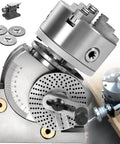 Heavy-Duty 6 Inch 3 Jaw Chuck Dividing Head Kit With Tailstock shown at an angle with adjustable rotary table and indexing plates.